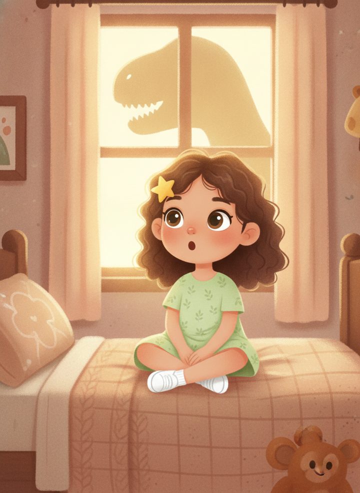 Página real do livro: Sofia no quarto, vendo a silhueta de um dinossauro pela janela